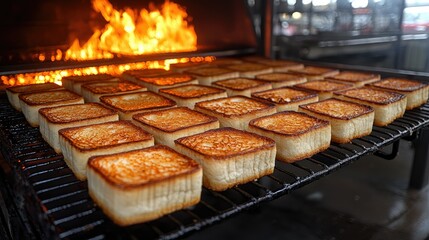 Grilled Bread Cubes Toasting Over Open Flames