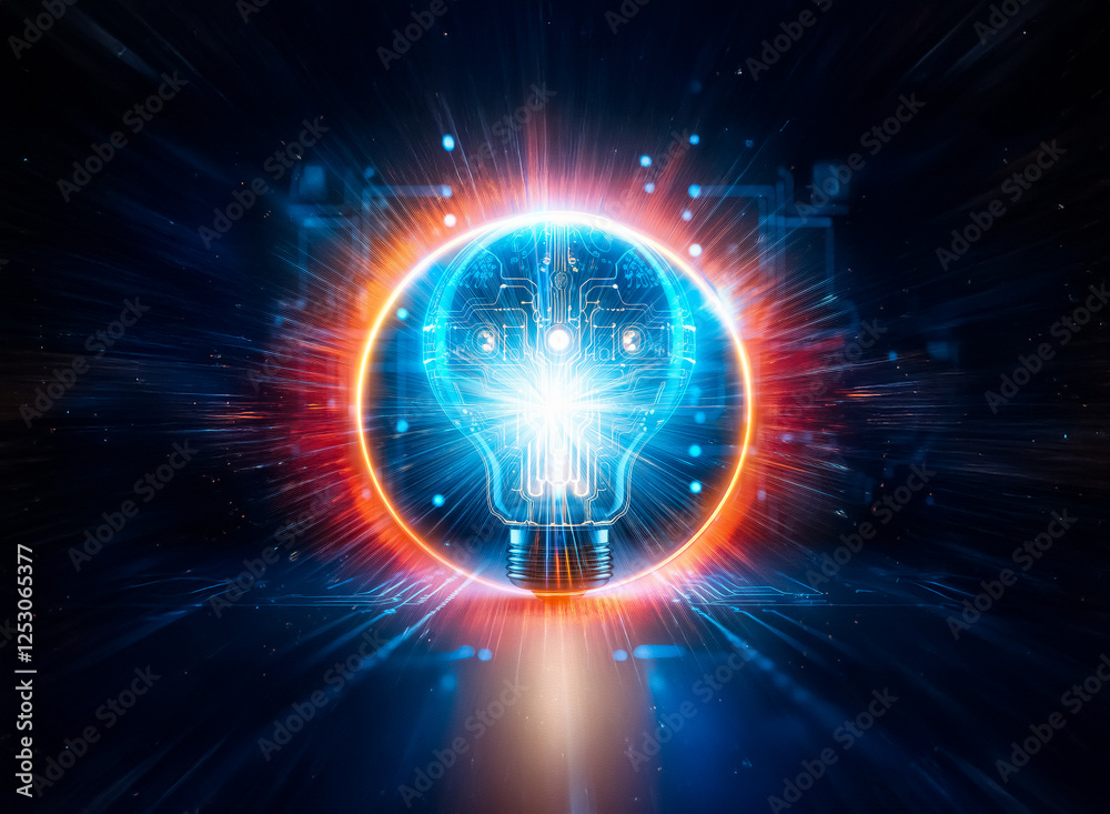 Aufkleber A glowing lightbulb with intricate circuit board inside, set against a dark background with digital circuitry.  It symbolizes innovation and technological advancement.