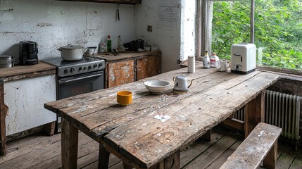 Rustic kitchen in abandoned building, table in focus,  window view