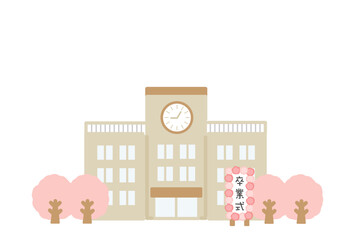 学校の校舎　卒業式　看板　桜の木　イラスト