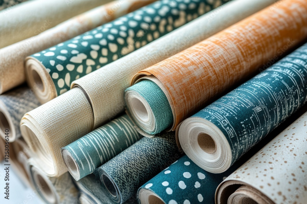 Poster a collection of rolled wallpaper samples showcasing various textures and patterns in teal, beige, an