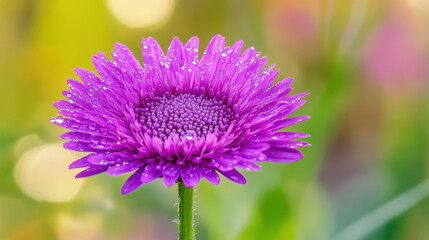 Obraz premium Purple Flower Glistens With Water Droplets Under the Sunlight in a Vibrant Garden Setting