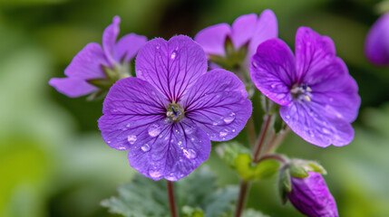 Vibrant Purple Flowers With Water Droplets Glistening Under Soft Light in a Verdant Garden Setting