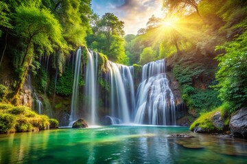 Fototapeta premium Majestic Waterfall Cascade into Tranquil Pool - Stunning Bokeh Photography