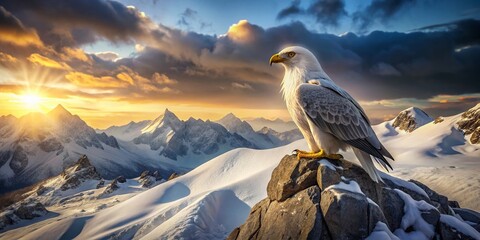 Fototapeta premium Majestic White Eagle Perched on Snowy Mountain Rock - Wildlife Photography