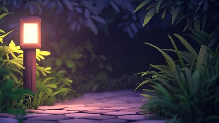 Fototapeta premium A serene, illuminated pathway in a lush garden at night, featuring a glowing lamp and vibrant greenery. Perfect for conveying tranquility, nature, or peaceful evening strolls.
