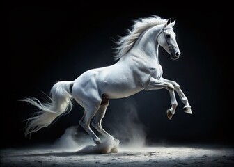 Majestic White Stallion Silhouette Against Black Background - Dramatic Equestrian Stock Photo