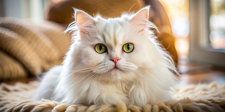 Majestic White Persian Cat at Home: Close-Up Macro Photography