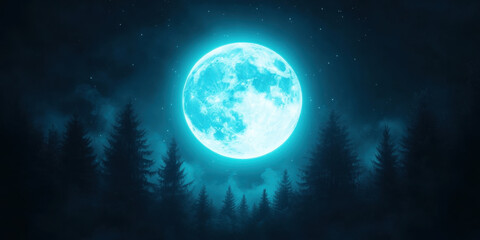 Fototapeta premium glowing blue moon illuminates dark night sky filled with stars, surrounded by silhouetted pine trees, creating serene and mystical atmosphere