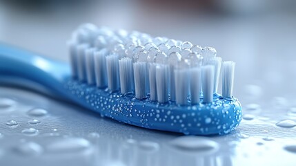 Wet toothbrush on bathroom counter, droplets