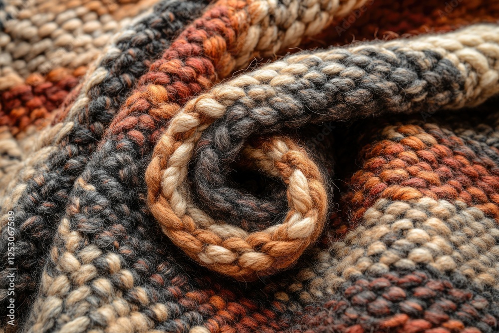 Poster close-up of a cozy, hand-knitted wool blanket with autumnal colors and a textured pattern.