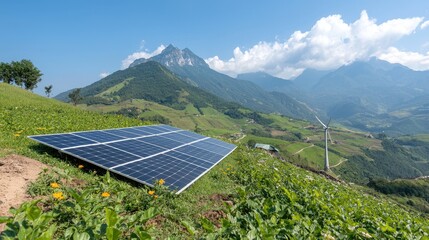 Solar panel on hillside with mountains and wind turbines. Rural renewable energy