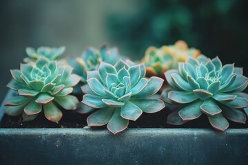A close-up shot of several echeveria succulents in a sleek, dark gray planter.