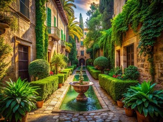 Fototapeta premium Mallorca Alfabia Gardens: Serene Water Fountain Alley, Balearic Islands, Spain