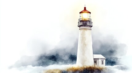 Scenic lighthouse surrounded by misty clouds, illuminating the serene coastal landscape.