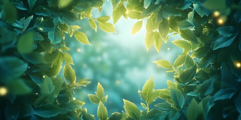 A dreamy mix of green leaves and bright summer sky illuminated by glowing natural light accents.