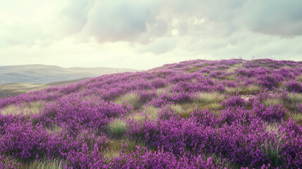 Fototapeta premium Expansive Field of Vibrant Purple Flowers Under a Cloudy Sky at Sunset
