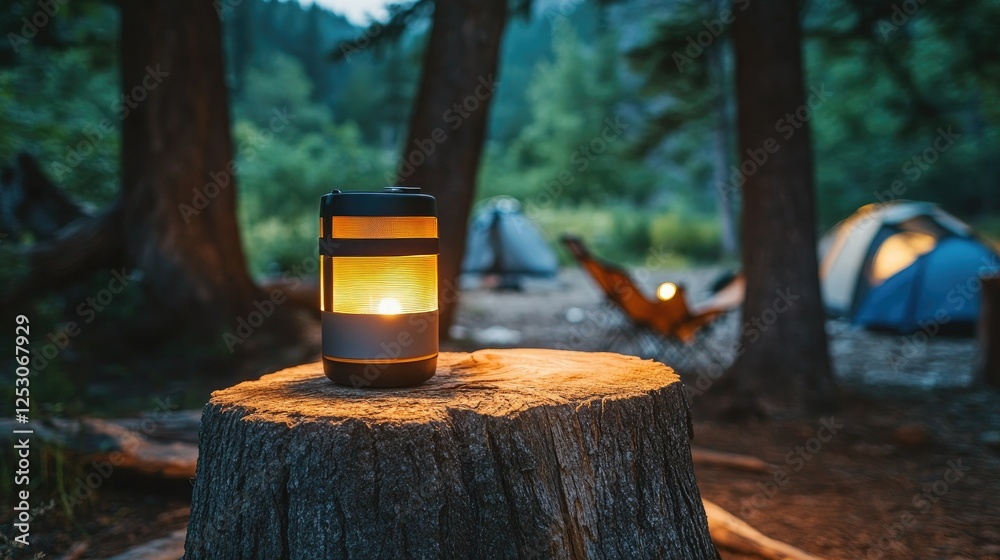 Canvas Prints A rechargeable lantern placed on a tree stump, glowing warmly during an outdoor family camping evening