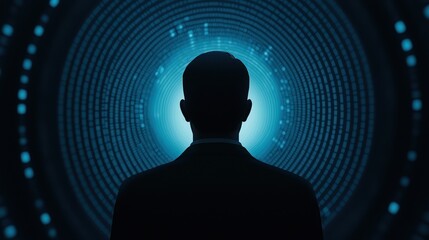 A silhouette of a man standing in front of a glowing circular pattern, symbolizing introspection, technology, and the journey into the depths of thought and consciousness.