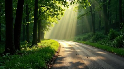 Obraz premium Serene morning sunbeams illuminating a winding road through a lush, verdant forest