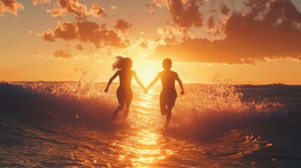 Two individuals joyfully running hand-in-hand through ocean waves at sunset, with vibrant clouds