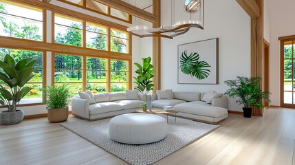 Fototapeta premium Modern Living Room, Sectional Sofa, Large Windows - Biophilic Design