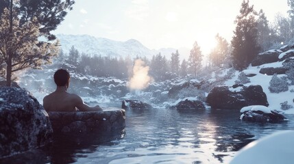 Obraz premium A serene view of a person with wet hair enjoying an outdoor hot spring, with snow-covered rocks and gentle steam rising