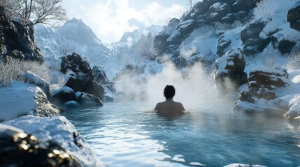A serene view of a person with wet hair enjoying an outdoor hot spring, with snow-covered rocks and gentle steam rising