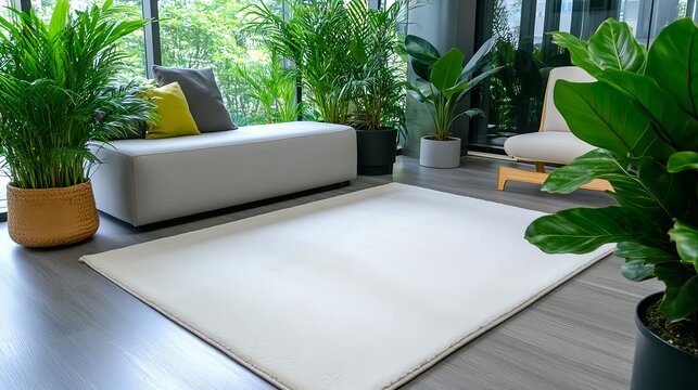 Modern Living Room with White Rug & Plants - Biophilic Design (inco.