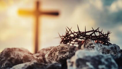 Crown of thorns on rocky ground with a wooden cross in the background at sunrise, symbolic Christian scene