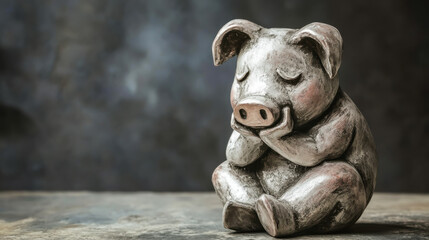 Cute ceramic pig sculpture with a melancholic expression on a textured surface in warm lighting