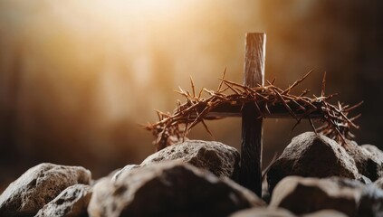 Crown of thorns on rocky ground with a wooden cross in the background at sunrise, symbolic Christian scene