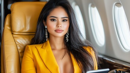 Woman In Mustard Yellow Blazer On Private Jet