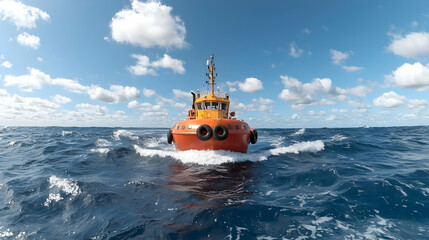 Fototapeta premium Orange tugboat sailing ocean, sunny day, blue sky, waves