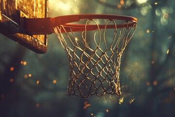 Sunlit basketball hoop, net swaying gently, dust motes dancing in golden light, outdoor court scene.