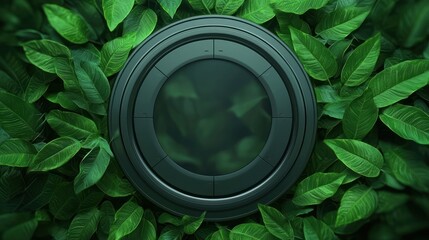 A top-down view of a circular object surrounded by lush green leaves. The image symbolizes nature, eco-friendliness, and the harmony between technology and the environment.