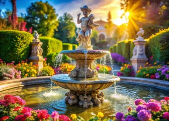Miniature Baroque Fountain: Neptune, Cherubs & Sparkling Water in a Sunlit Garden