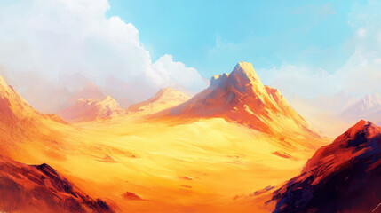 Naklejka premium Vast Desert Landscape With Striking Mountains and Bright Blue Sky at Midday, Showcasing the Beauty of Nature's Raw Elements