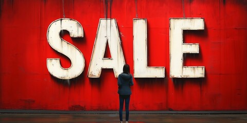 Bright sale sign attracts attention of shopper against a bold red wall in urban setting