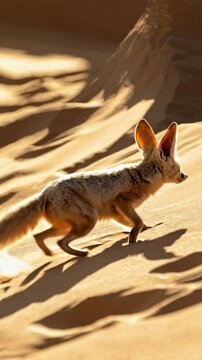 Fennec fox sprinting across golden Sahara dunes, showcasing lightning-quick movement through sun-baked desert landscape