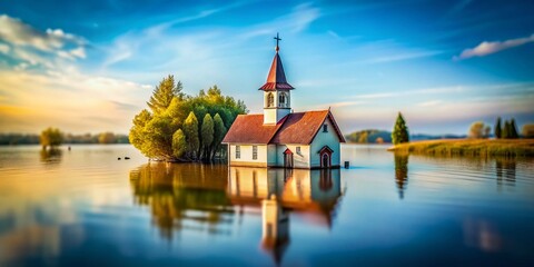 Obraz premium Miniature Church Submerged: Climate Change & Faith, Tilt-Shift Photography