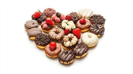 A sweet assortment of donuts arranged in a heart shape, showcasing chocolate, vanilla, and strawberry flavors on a pristine white surface.