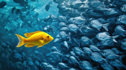 A symbolic underwater image of a yellow fish going against the flow of a large group of gray fish in clear blue waters.