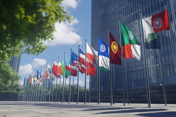 national flags representing global unity in front of the UN building