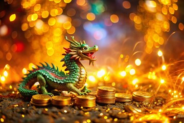 Fototapeta premium Miniature Dragon, Wealth, Celebration, Fireworks, Coins, Tilt-Shift Fantasy