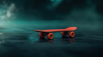 A vibrant skateboard rests on a reflective surface, surrounded by an atmospheric mist