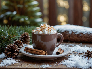 A cozy hot chocolate mug with marshmallows, set on a snowy wooden table outdoors