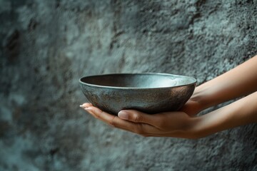 Two hands gently hold a rustic, empty gray bowl against a textured background.