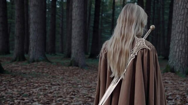 Back View of Young Blonde Woman | Facing Dark Forest | Golden Sword Strapped to Her Back | Mysterious and Cinematic Fantasy Scene | Dramatic Lighting and Shadows | Warrior Ready for Adventure 