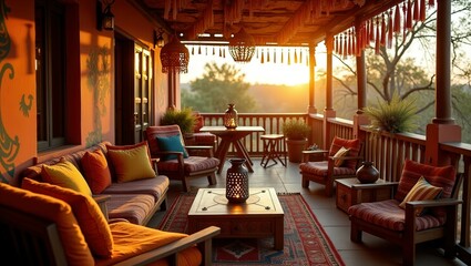 Fototapeta premium A tribal balcony with orange walls and curtains, wooden furniture with orange cushions, and a wooden table. The balcony overlooks a scenic landscape at sunset, creating a warm and inviting atmosphere
